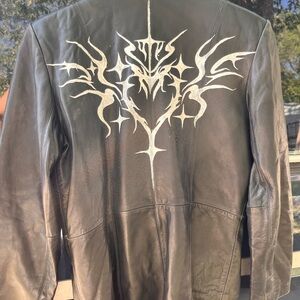 Nine West Black Leather Jacket with Hand Tattooed White Design